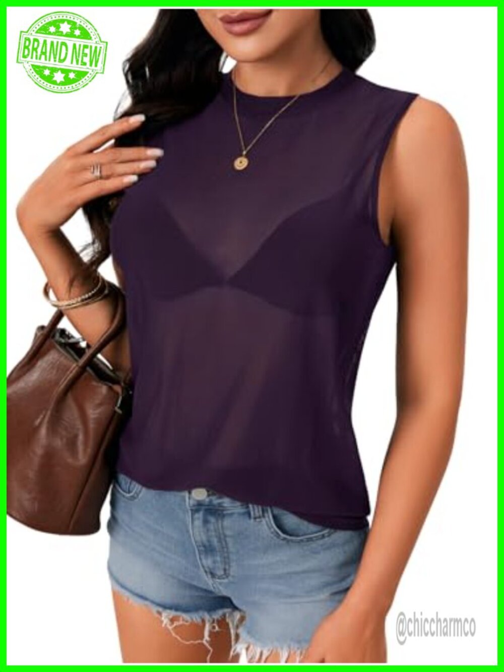 Women's Sheer Mesh See Through Sleeveless Tank Top Crew Neck Cami